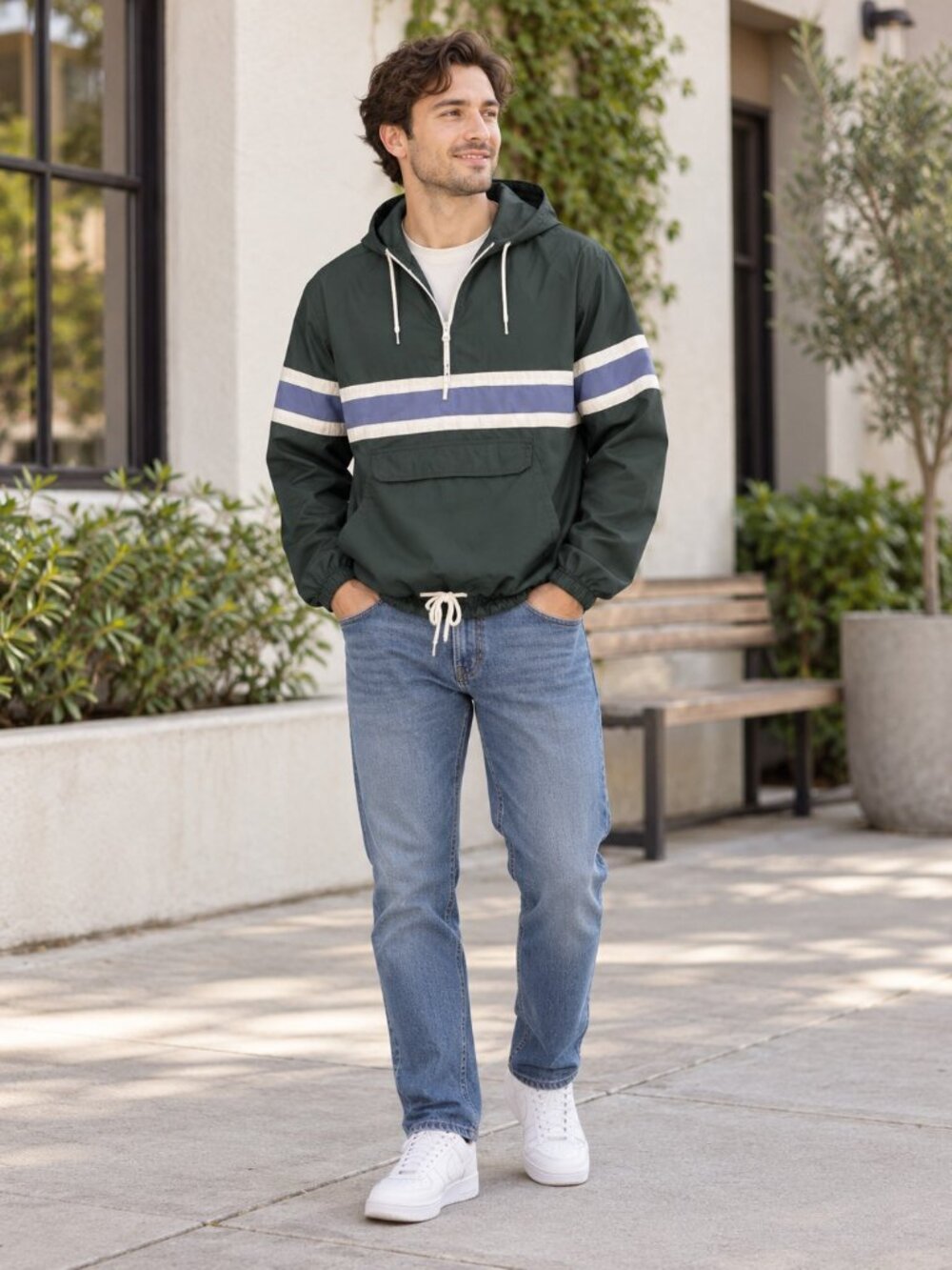 Zine Clothing Dark Green Pullover Windbreaker with White and Blue Stripes